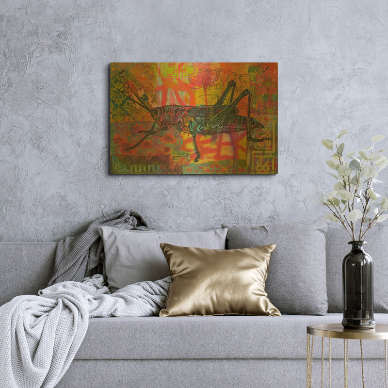 «Grasshopper» par Dean Russo, art mural en métal doré, 36 po x 24 po, 36 po x 24 po