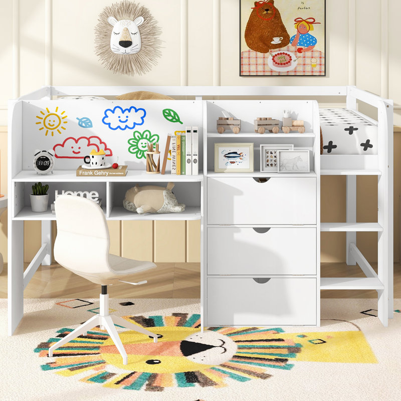 Lit mezzanine bas avec bureau intégré, Blanc