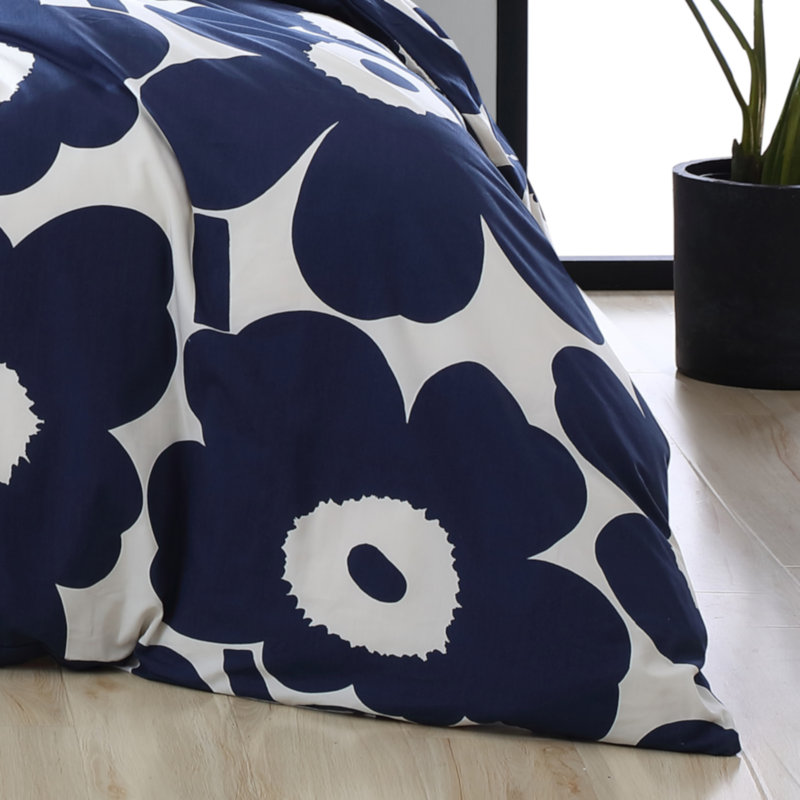 Marimekko Unikko Cotton Blue Duvet Cover Set, Queen Duvet Cover + 2 Standard Shams, Indigo Blue/White Floral