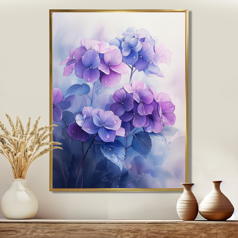 Hortensias dans la rosée du matin II - hydrangées, art mural, H 40 po x l 30 po, Impression encadrée flottante, Doré