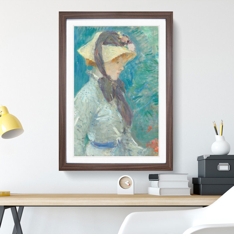 Young Woman with a Straw Hat by Berthe Morisot - Picture Frame Painting, 36cm H x 27cm W x 2cm D, Walnut