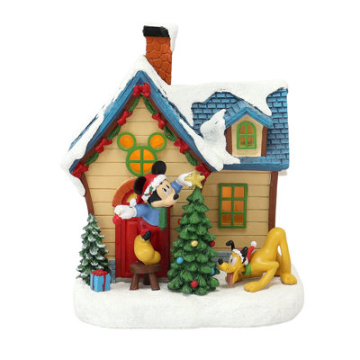 7.3"H Disney Mickey & Pluto House Scene - LED Lights, Music, Battery - Hand-Painted Resin