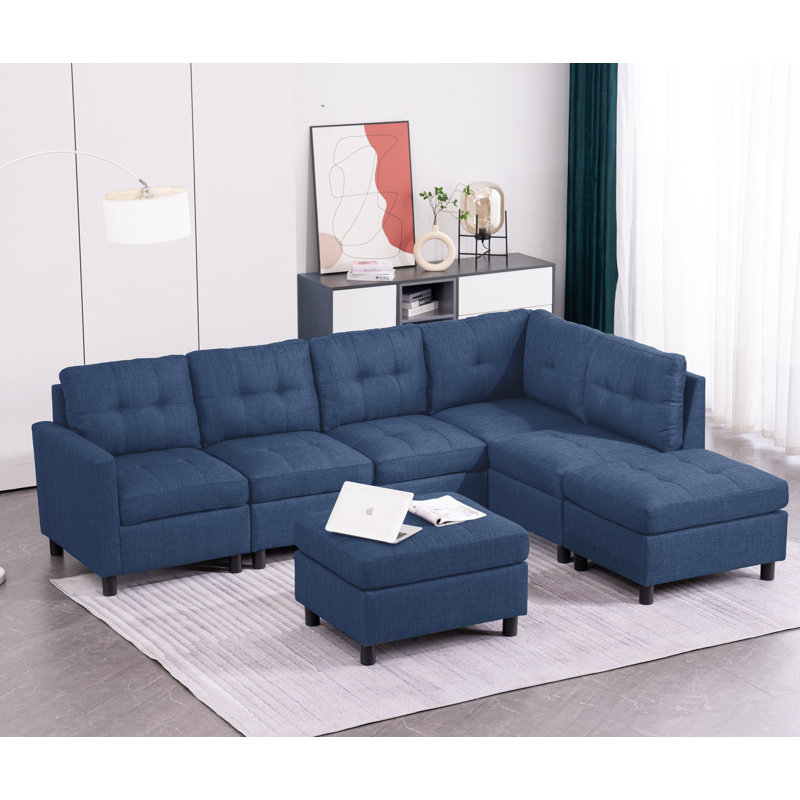 Kentrell Upholstered Sectional Sofa, Blue Linen