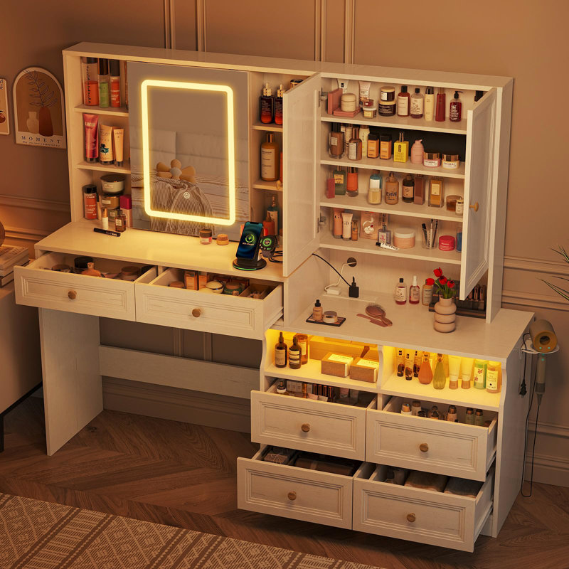 Grand meuble-lavabo 58,6 po avec miroir coulissant et lumières, Blanc