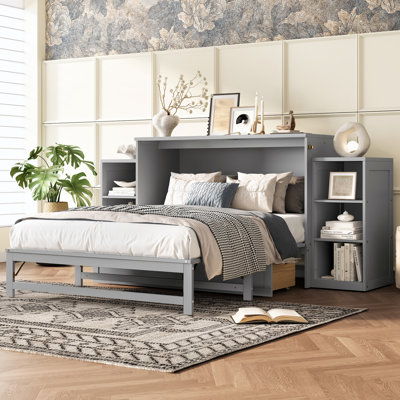Lit escamotable double avec tiroirs et tablettes de rangement spacieux. Idéal pour les chambres d'amis ou les chambres compactes. Gris clair