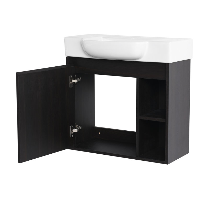 Meuble-lavabo mural 24 po avec lavabo en céramique blanche et porte à fermeture en douceur, emballage KD, Dark Oak