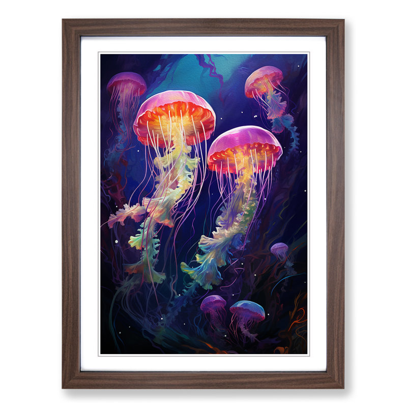 Jellyfish Abstract - Single Picture Frame Print on Wood, 34cm H x 25cm W x 2cm D, Walnut Framed