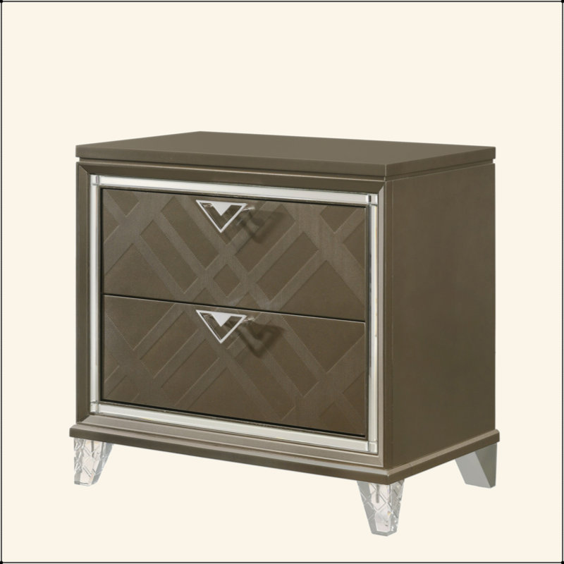 Table de chevet moderne en bois foncé avec 2 tiroirs et pieds en acrylique