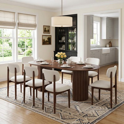 79" Solid Wood Oval Dining Table Set With 8 Fabirc Upholstered Dining Chairs Modern Double Pedestal Dining Set For Seats 8