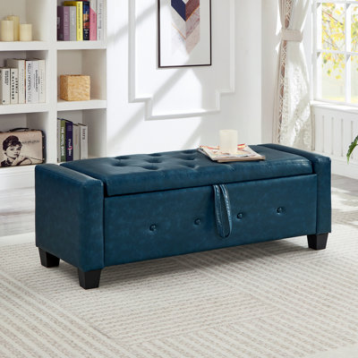 Banc avec repose-pieds 48 po avec rangement, banc pour chambre à coucher, salon, couloir, rembourré capitonné en similicuir PU bleu