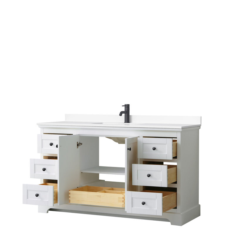 Avery 60'' Single Bathroom Vanity with Top, White, White Cultured Marble, Matte Black