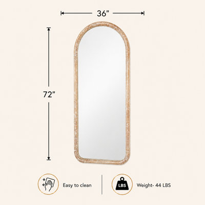 Arched Full Length Wall Mirror with Antique Whitewash Mango Wood Frame, Decorative Wooden Accent Mirror for Bedroom, Entryway & Living Room | Natural | 36x1.5x72 Inch