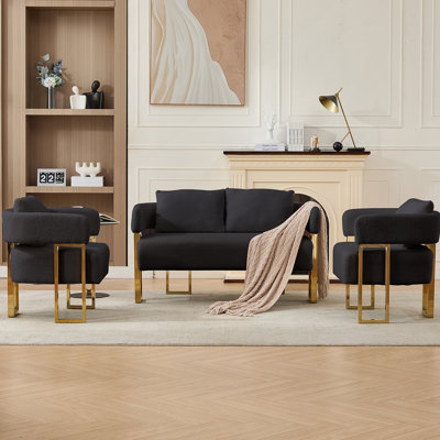 TS Modern decorative chair, living room side chair with gold metal legs, no wheels, suitable for dressing area, reception room, office,Teddy fleece upholstered metal foot sofas Black (combo set)