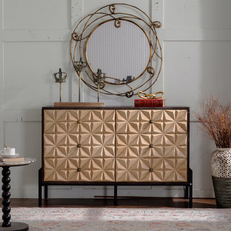 Buffet 48,21 "Mid-Century à 6 tiroirs - Bois massif et panneau de fibres à densité moyenne 3D