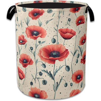 Vintage Poppy Floral Laundry Hamper With Handle,Foldable Oxford Cloth Laundry Basket,Clothes Storage Basket For Laundry Room/Bedroom/Bathroom