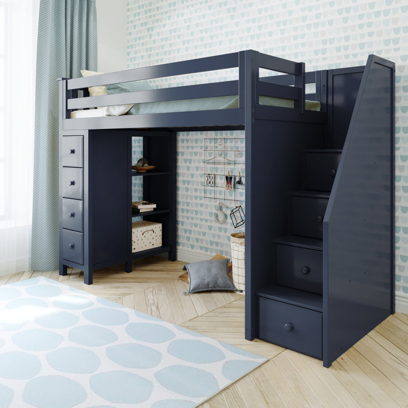 Lit mezzanine en bois massif avec 8 tiroirs Brodie Kids, Bleu, Lit double