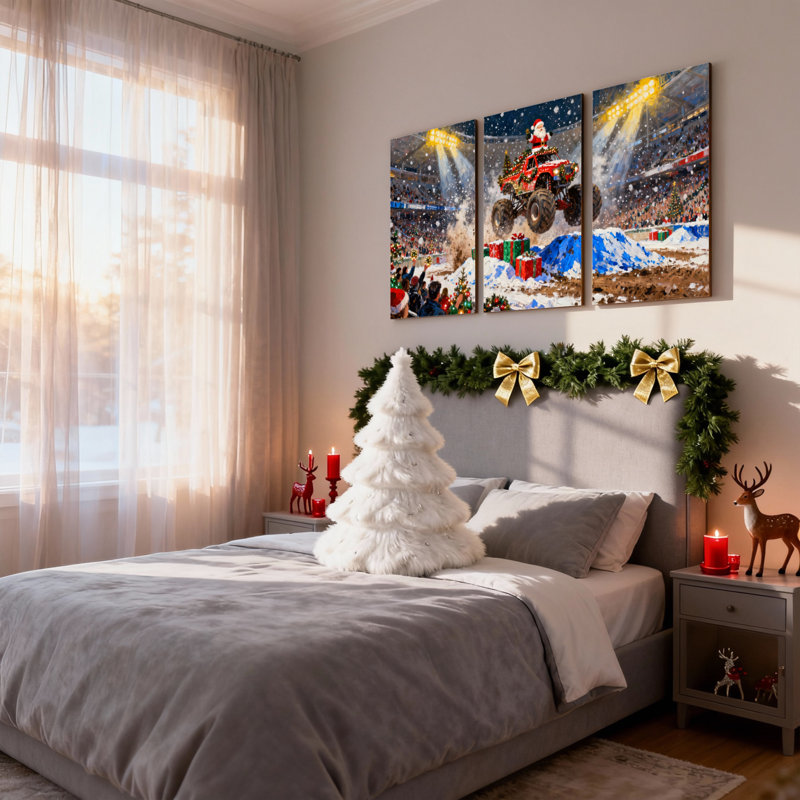 «Christmas Santa Drives Monster Truck In Stadium Snow», ensemble de 3 impressions sur toile, 30" H x 60" W