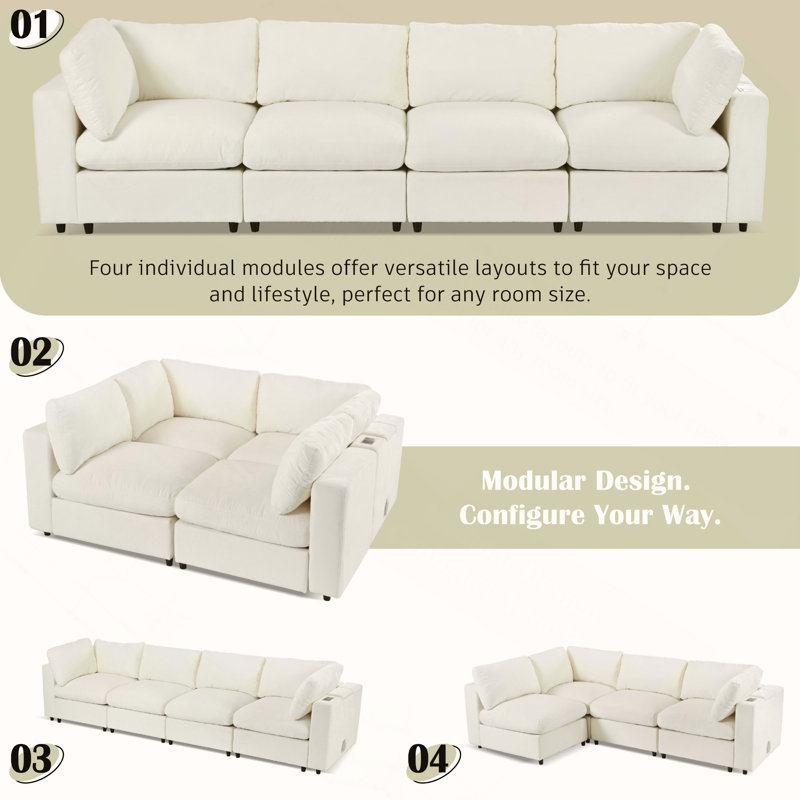 Canapé modulaire 133,5 po avec espace de rangement, ports de charge USB, charge sans fil et haut-parleur Bluetooth intégré dans le bras, canapé modulaire pour le salon, appartement
