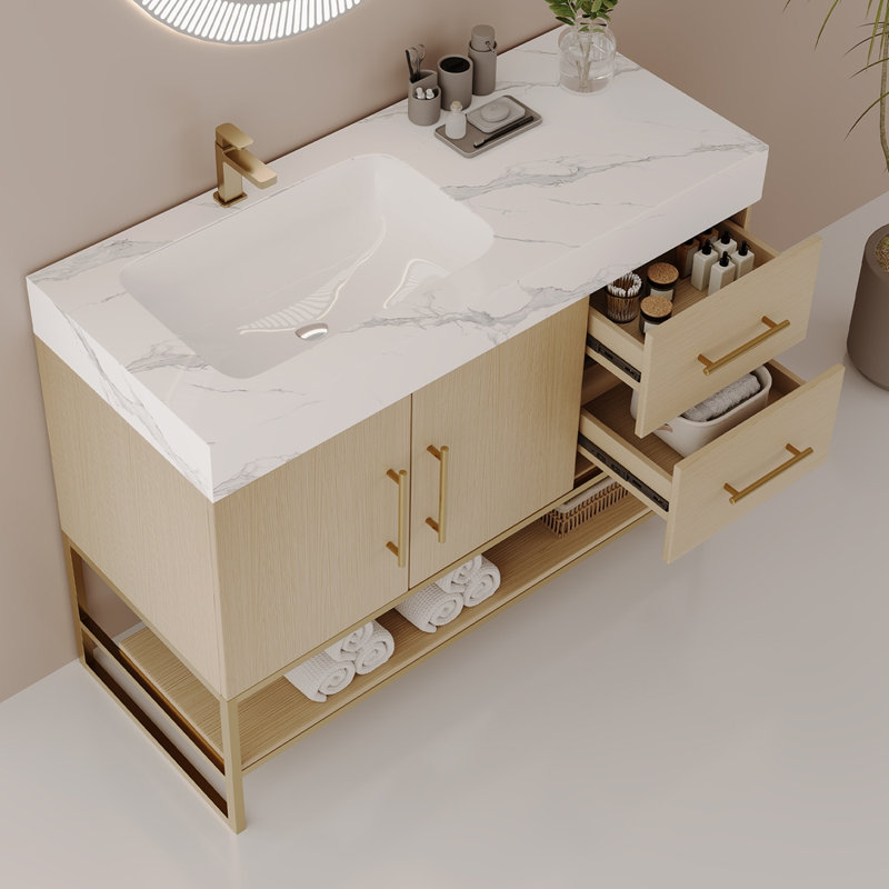 Meuble-lavabo autoportant moderne 36 po avec lavabo en céramique sans couture et plateau en pierre frittée, Left, White