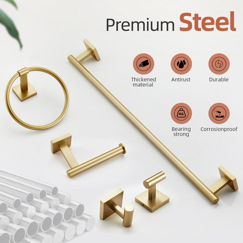 5 Piece Bathroom Hardware Set, Brushed Gold