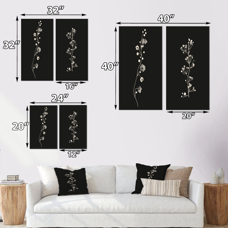 Abstrait, monochrome rétro, plante, silhouettes II, ensemble de 2 impressions, H 20 po x l 24 po x P 1 po, Toile tendue