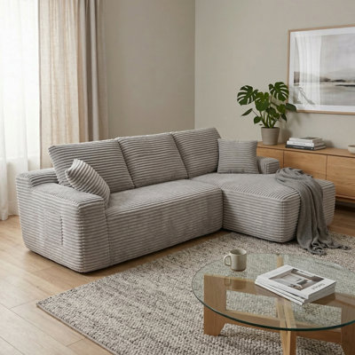 Canapé modulaire à compression 3 pièces 104 po avec méridienne réversible 104 po, velours côtelé beige doux, siège nuage avec ressorts ensachés et 2 coussins assortis