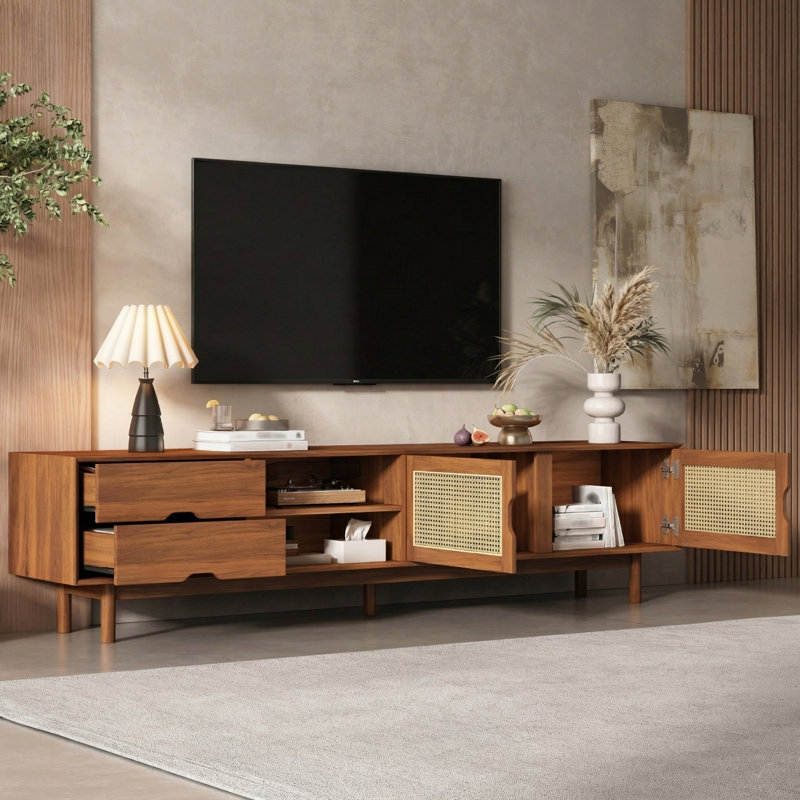 78 Inch Modern Rattan TV Stand For Tvs Up To 85 Inches, Trending Media Console With 2 Drawers & Solid Wood Legs