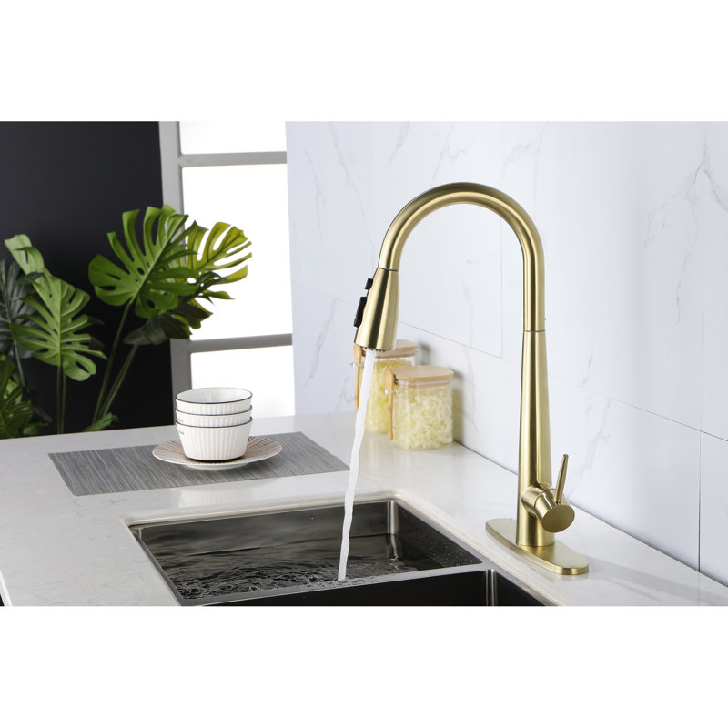 Brushed Gold Stainless Steel Single Handle Kitchen Sink Faucet With Pull Down - 360 Rotating High Arc Nozzle, Three Water Output Forms, Easy Flow Regulation, Corrosion Surface Treatment Of