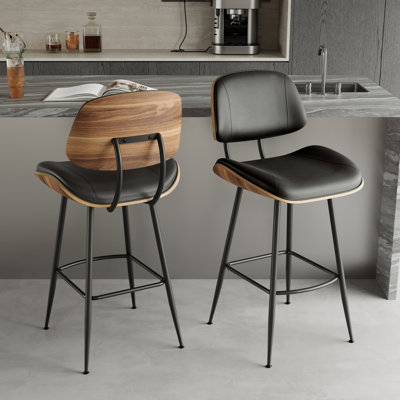 Tabouret de bar 26,7 po en polyuréthane rembourré avec dossier et siège en noyer et pieds en métal