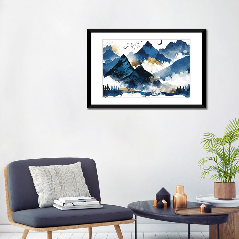Blue Mountains, White, 24" H x 32" W x 1" D, Black Open Corner Framed Paper