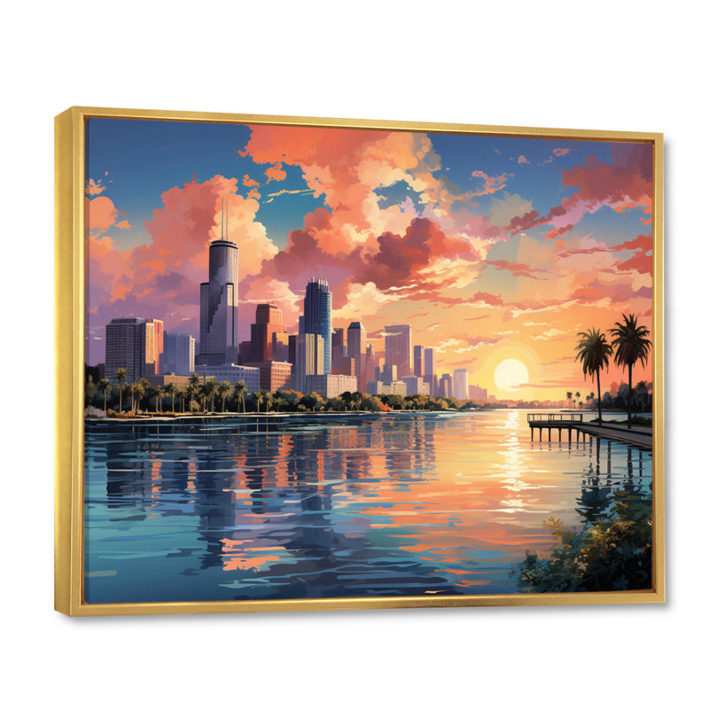 Sunshines State Miami IV, H 34 po x l 44 po x P 1,5 po, Cadre flottant doré