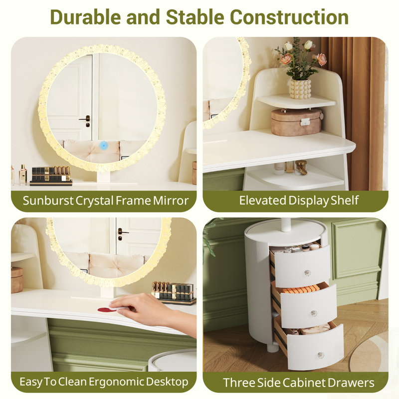 Dressing Table With 3-Color LED Round Mirror, Rotatable 3-Tier Cylindrical Storage, Light Luxury Vanity, Easy Assembly