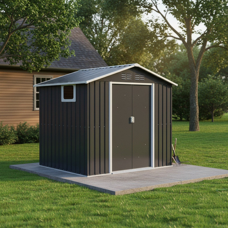 Remise de rangement extérieure en métal gris charbon, organisateur de jardin utilitaire avec fenêtre pour cour et patio