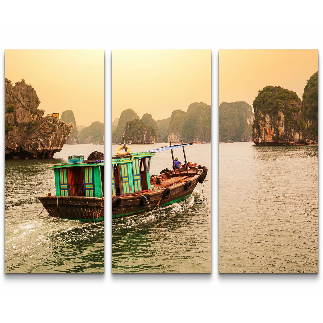 3-tlg. Leinwandbilder-Set Halong-Bucht mit buntem Boot - Vietnam