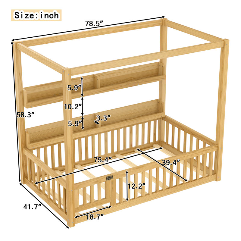 Twin Size Canopy Floor Bed with Guardrails, Shelves & Montessori Design for Kids, Natural, Twin, Natural