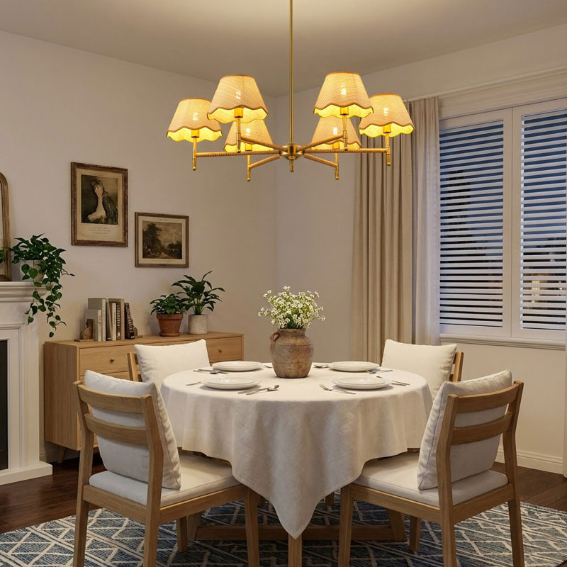 Modern 6-Light Adjustable Chandelier with Fabric Rattan Shades, Brown Metal Frame, Dimmable, ETL Listed, E12 Base