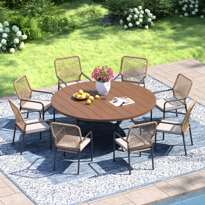 8-Person Round Patio Dining Set with 60" Dining Table and Cushioned Stackable Rattan Chairs