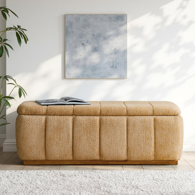 Banc de rangement recouvert de tissu d'ameublement en chenille avec base en bois massif Vanesa