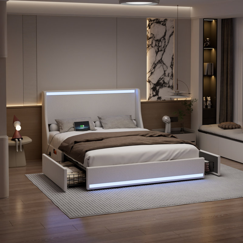 Queen Size Storage Platform Bed with Charging Station and Smart Control RGB LED Lights, White Upholstered Bed Frame with Storage Drawers, USB & Type-C Charging Ports, Soft Linen Padded Headboard, 2 Under-Bed Storage Drawers, No Box Spring Needed