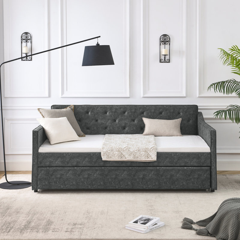 Twin Size Daybed with Trundle, Upholstered Tufted Sofa Bed with Waved Shape Arms, Green, Space-Saving Sofa Bed for Bedroom or Living Room (80.5"x44.5"x33.5")