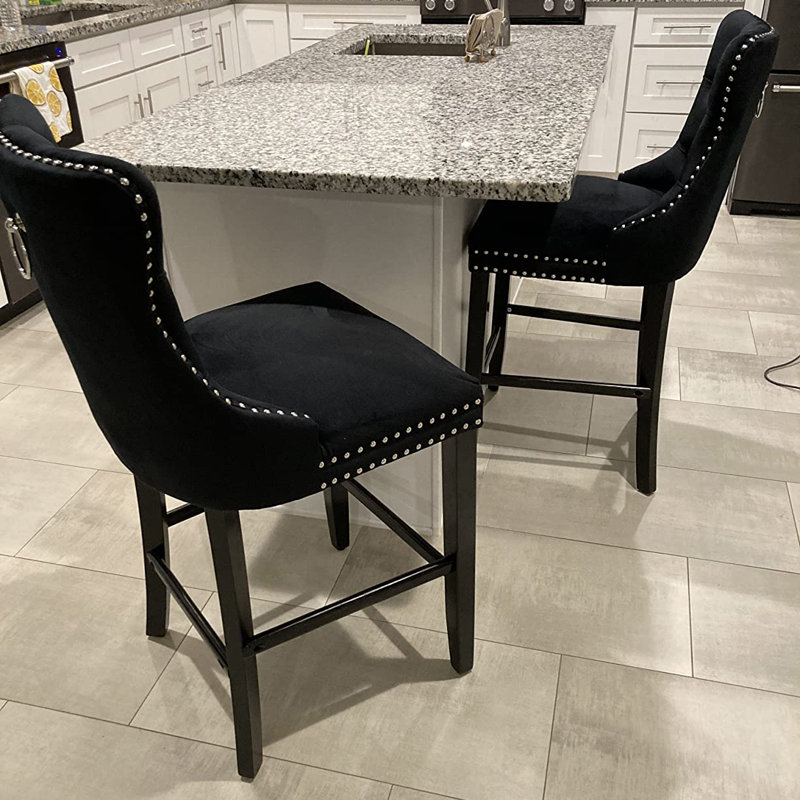 Velvet Upholstered Bar Stool with Button Tufted Back (Set of 4), Black/Black