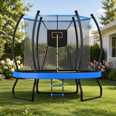 Trampoline 8 pi avec panier de basketball, filet d'enclos et échelle pour enfants, sécurité et plaisir dans la cour arrière