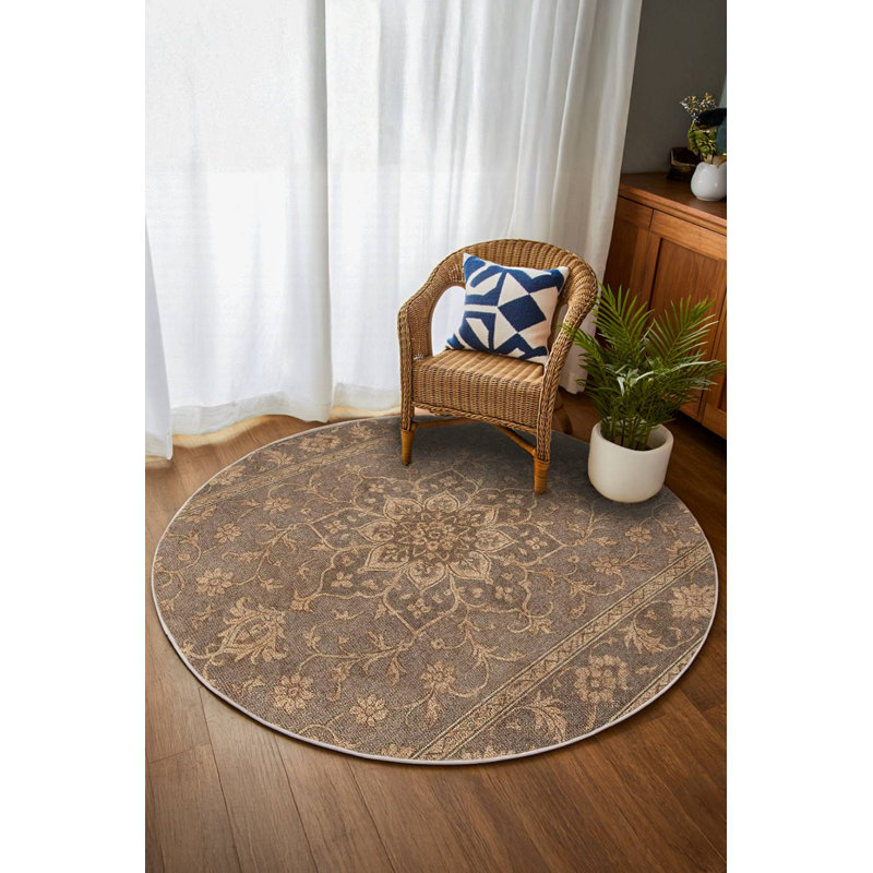 Nouvelle Collection Digital Print Cotton-Polyester Brown Oriental Rug, Round 3'4"