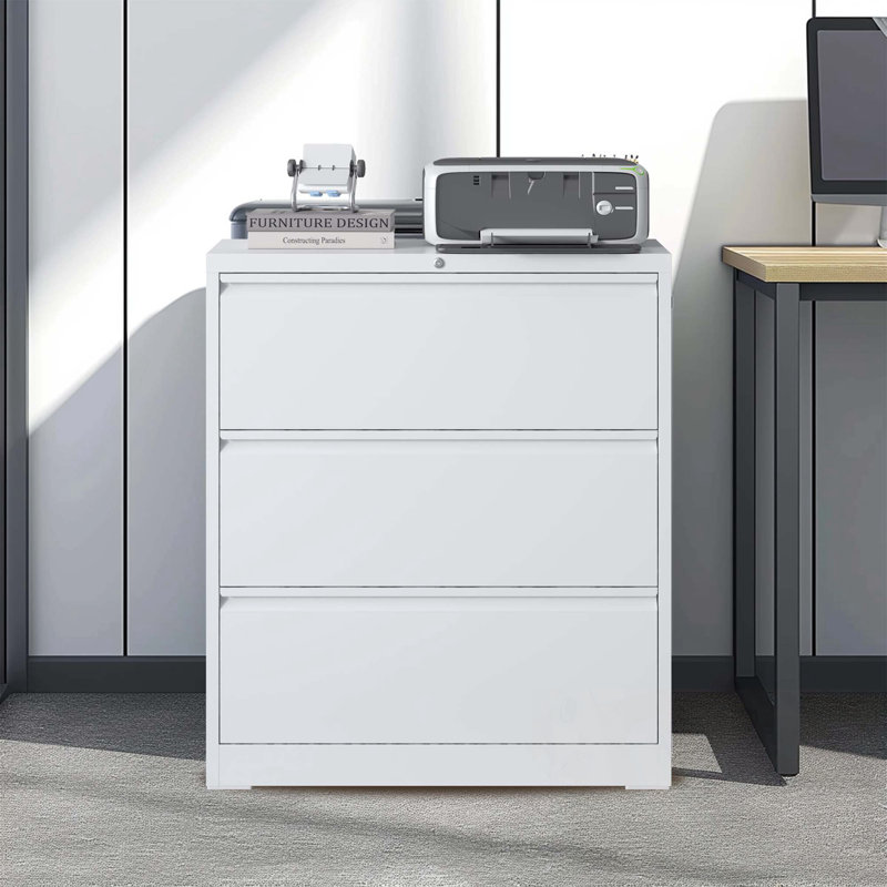 Large classeur en métal avec 3 tiroirs et serrure, Blanc