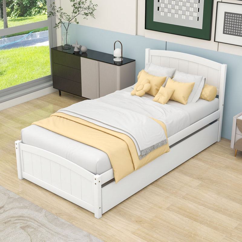 Lit plateforme simple en bois avec lit gigogne simple, Blanc