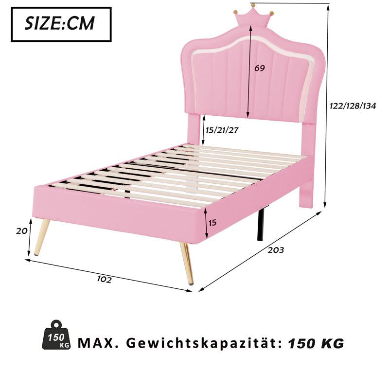 Jaran Upholstered Bed, 90 x 200cm, Pink