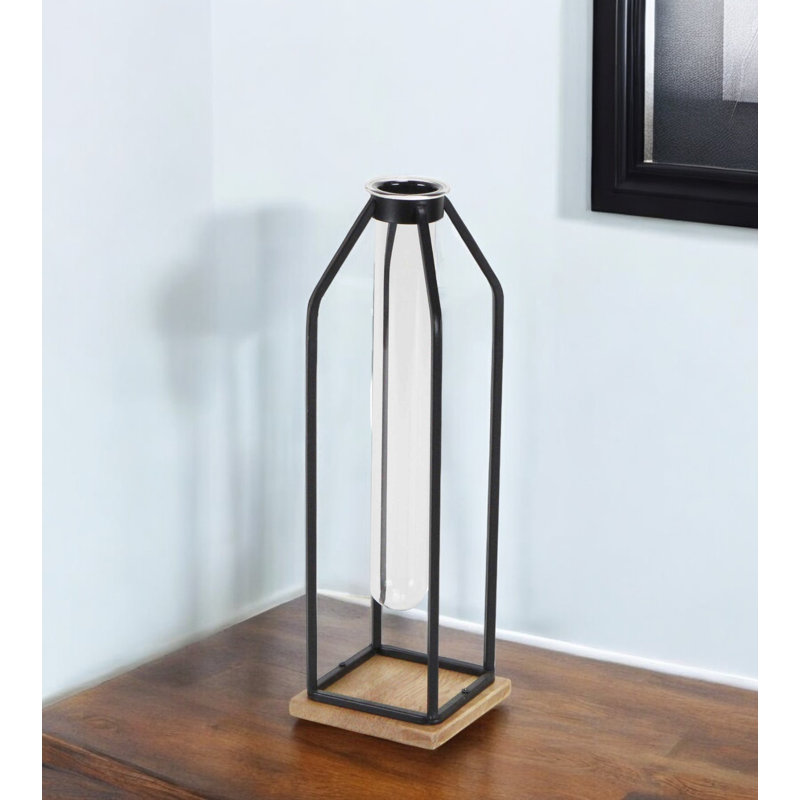 12" Black Clear And Natural Metal Glass And Wood Posy Test Tube Table Vase