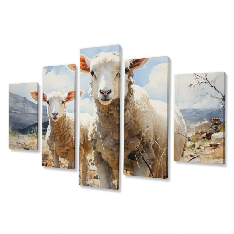 Beige mouton aquarelle - animaux, art mural, salon - 5 panneaux