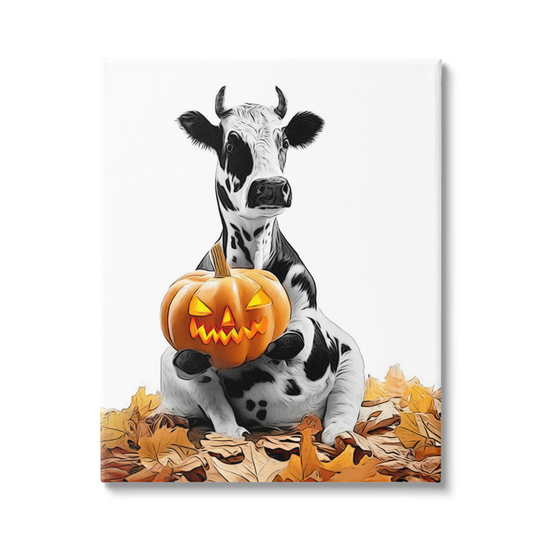 Vache avec citrouille-lanterne sur toile, H 48 po x l 36 po x P 1,5 po