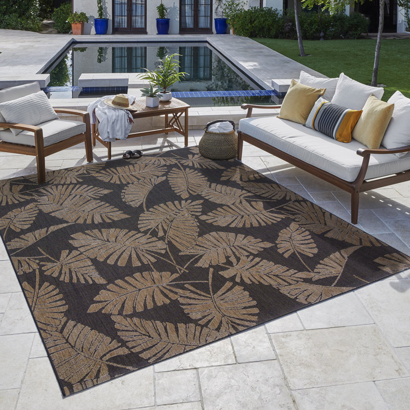 Reyn Spooner Lua'ehu Havana Brown/Black Bold Tropical Leaf Flatweave Indoor/Outdoor Area Rug, Rectangle 6'6" W x 9'6" L